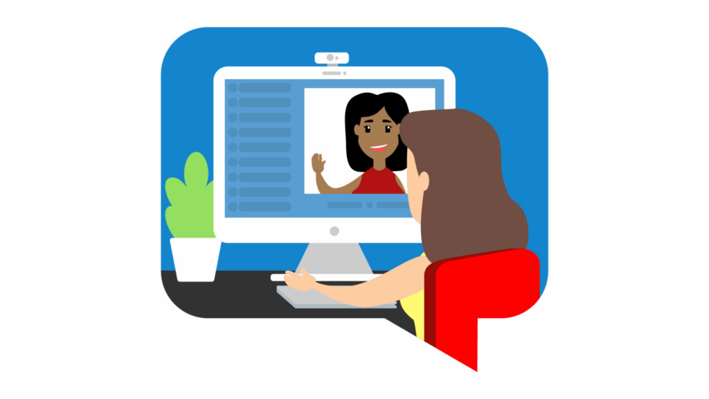 Person with their back to us meeting with another person in an online video chat.