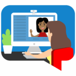 Person with their back to us meeting with another person in an online video chat.