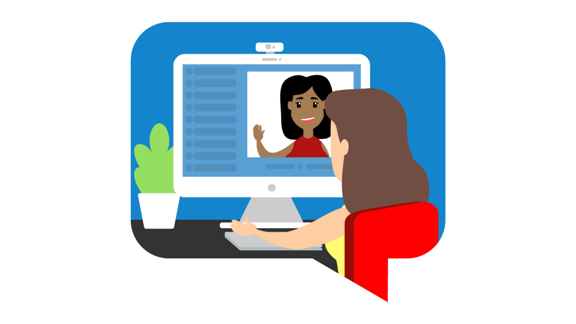 Person with their back to us meeting with another person in an online video chat.