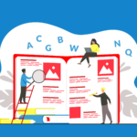 Open book with a person on a ladder holding a magnifying glass, another holds a pencil, and another sits on top with laptop. (Copyright: surfupvector © 123RF.com)