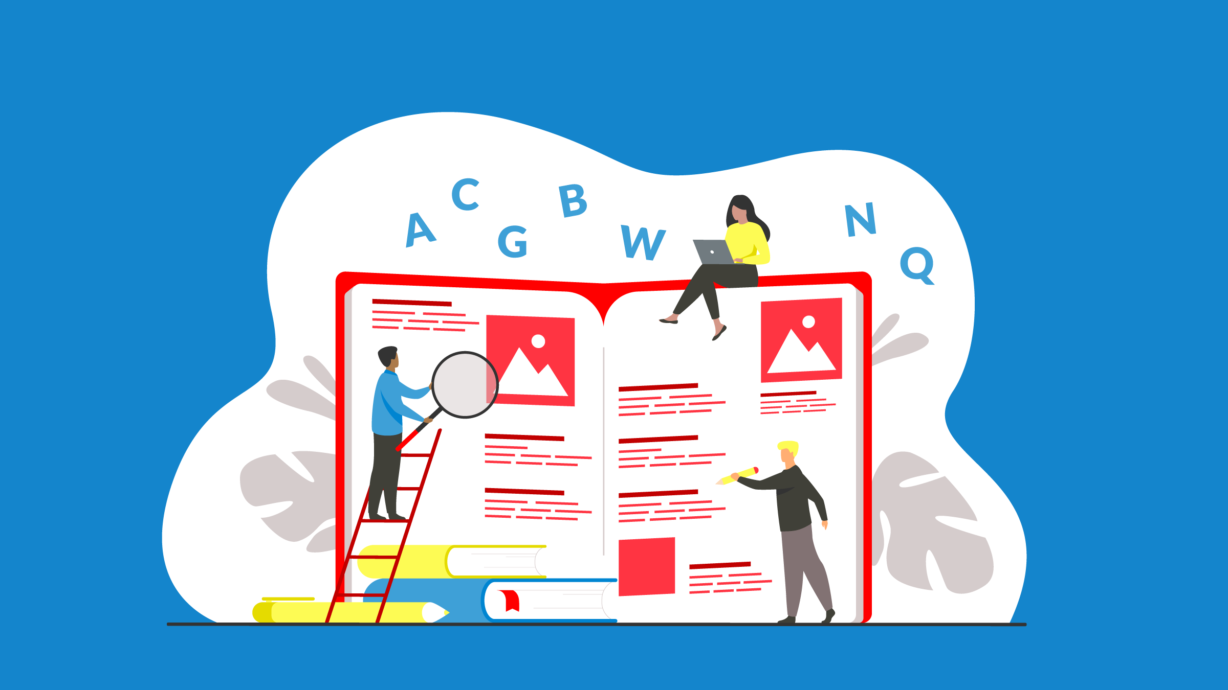 Open book with a person on a ladder holding a magnifying glass, another holds a pencil, and another sits on top with laptop. (Copyright: surfupvector © 123RF.com)