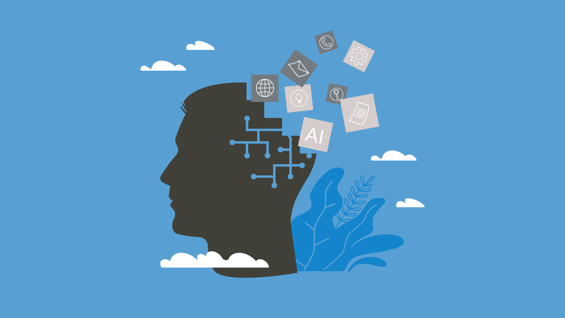 Human head silhouette with knowledge and information symbols showing the thinking process. (Copyright: yummybuum © 123RF.com)