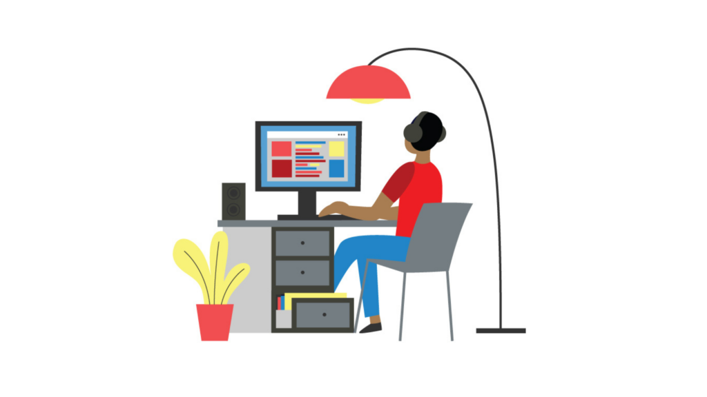 Person wearing headphones, working at a desk on a computer. There's a floor lamp to their right and a potted plant on the ground to their left. (Copyright: sabelskaya ©123RF.com)