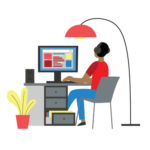 Person wearing headphones, working at a desk on a computer. There's a floor lamp to their right and a potted plant on the ground to their left. (Copyright: sabelskaya ©123RF.com)