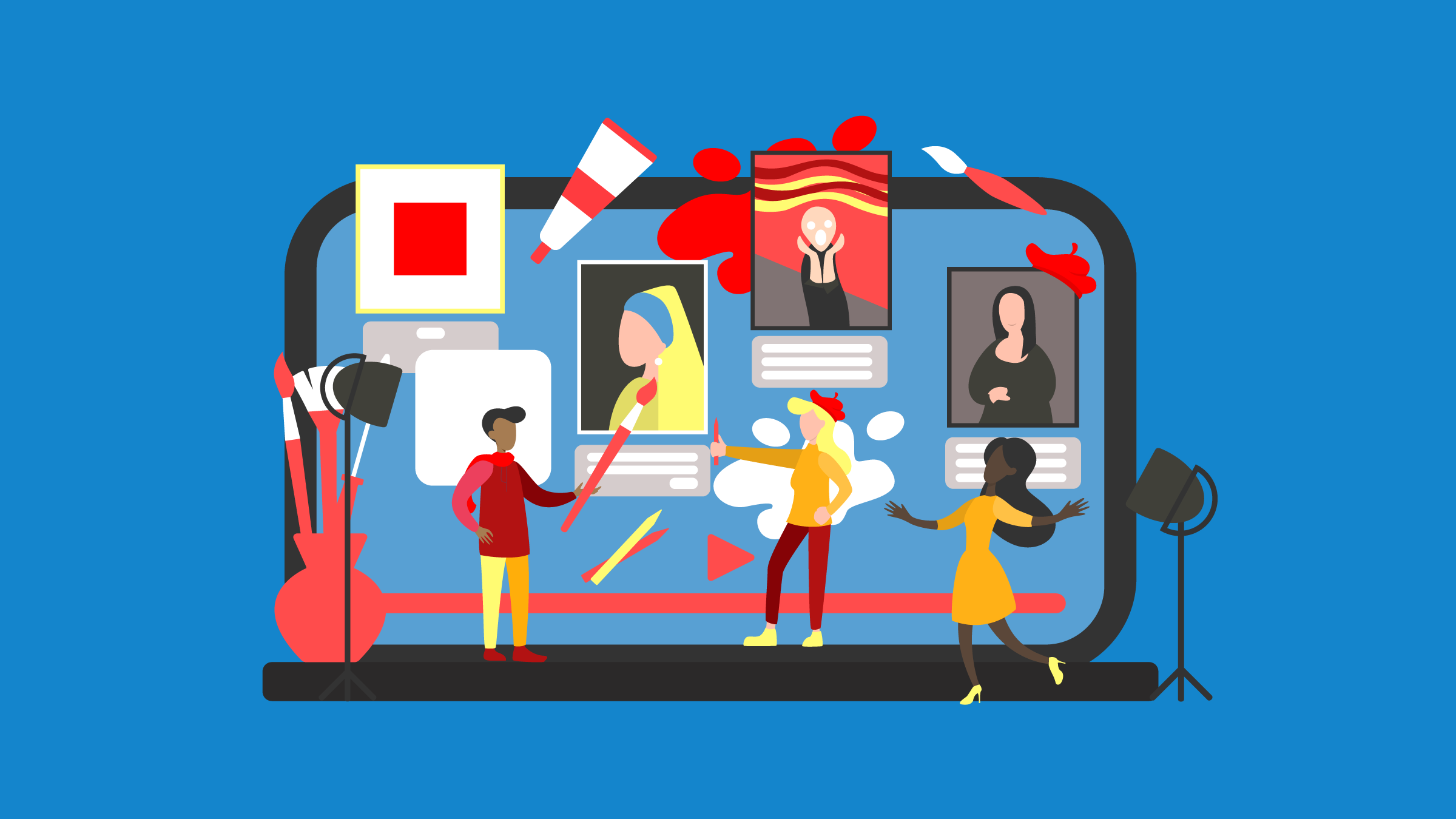 People admiring wall paintings. One holds a paintbrush, another holds a pencil. Container of brushes is off to one side, and a tube of paint is shown. (Copyright: artinspiring © 123RF.com)