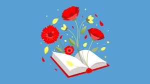 Red flowers among smaller yellow flowers coming out of the centre of an open book. (Copyright: zrzahid © 123RF.com)