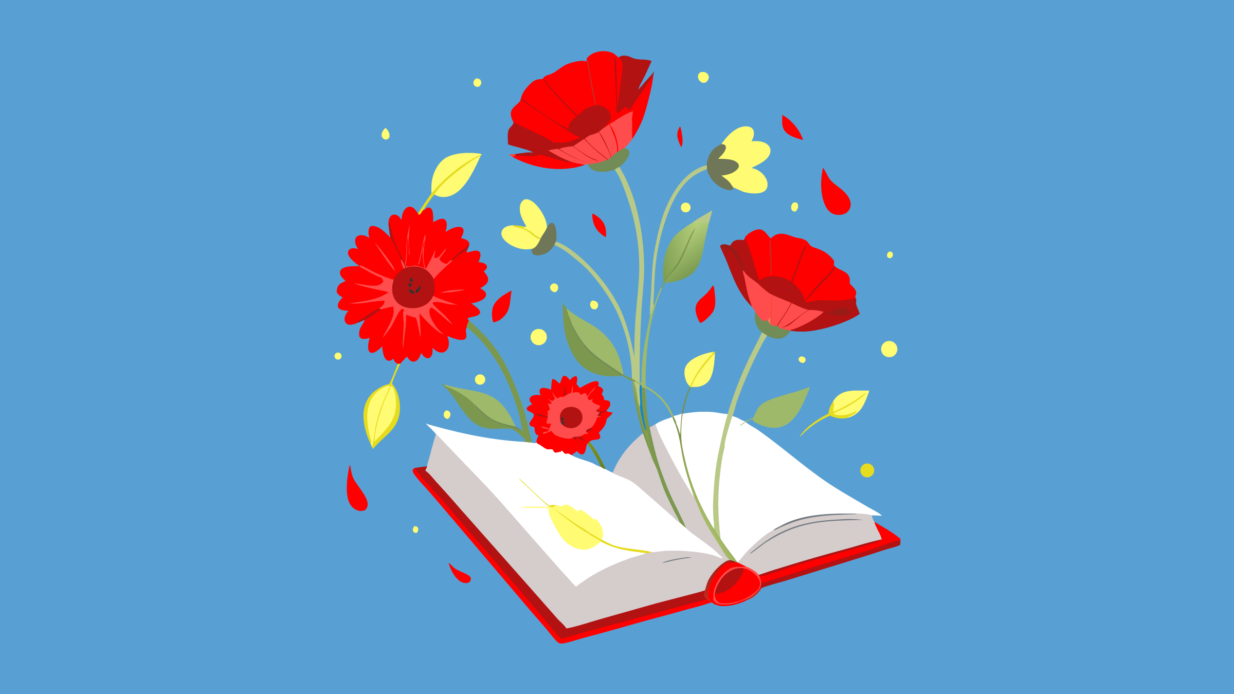 Red flowers among smaller yellow flowers coming out of the centre of an open book. (Copyright: zrzahid © 123RF.com)
