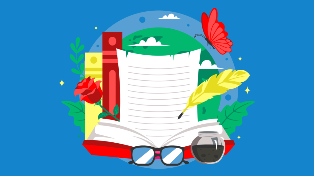 An open book with a page vertically displayed, with a pair of glasses, an ink pot and quill, plus a rose and butterfly in the background. (Copyright: denayunebgt © 123RF.com)