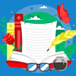 An open book with a page vertically displayed, with a pair of glasses, an ink pot and quill, plus a rose and butterfly in the background. (Copyright: denayunebgt © 123RF.com)