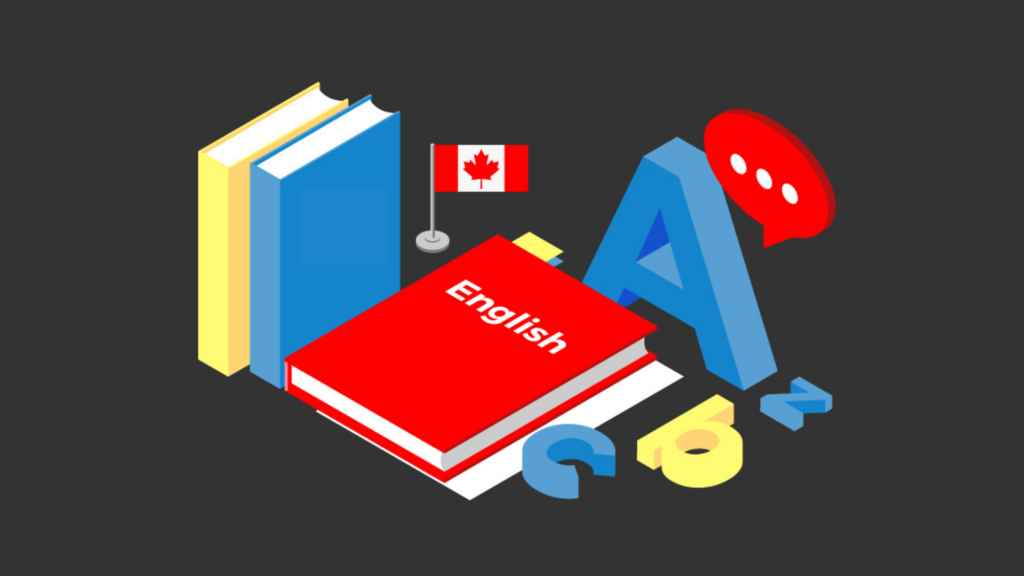 Several books on a dark surface, one labelled “English”, with a Canadian flag and large A, b, c, and z letters off to the side. (Copyright: monkographic © 123RF.com)