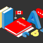 Several books on a dark surface, one labelled “English”, with a Canadian flag and large A, b, c, and z letters off to the side. (Copyright: monkographic © 123RF.com)