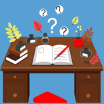 Wooden desk with an open book and pen, ink bottles and more books. A red stool is under the desk. (Copyright: mfbtasarim © 123rd.com)