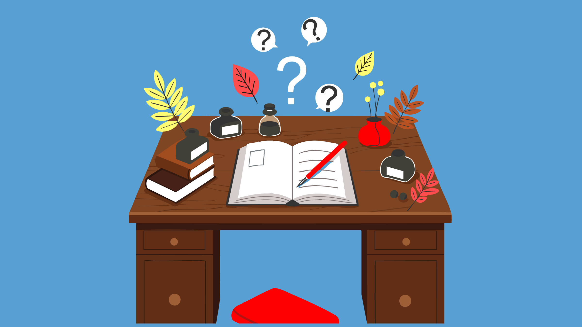 Wooden desk with an open book and pen, ink bottles and more books. A red stool is under the desk. (Copyright: mfbtasarim © 123rd.com)