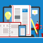 Digital content creation, featuring a large document, tablet, notebook with a lightbulb symbolizing ideas. A person is holding an oversized pencil. (Copyright: ombule © 123RF.com)