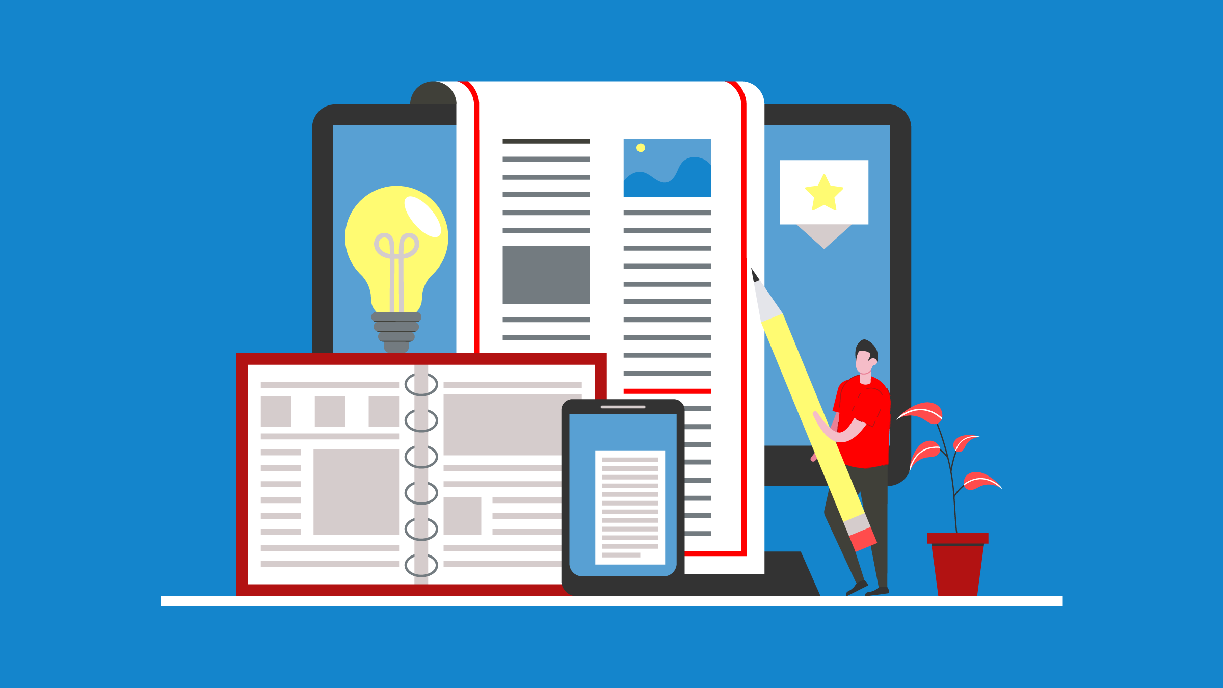 Digital content creation, featuring a large document, tablet, notebook with a lightbulb symbolizing ideas. A person is holding an oversized pencil. (Copyright: ombule © 123RF.com)