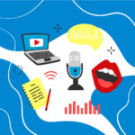 Illustration of various objects (laptop, microphone, notebook and pen, bright red lips) representing audio content, on a blue wavy background. (Copyright: victory1103 © 123RF.com)