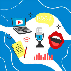 Illustration of various objects (laptop, microphone, notebook and pen, bright red lips) representing audio content, on a blue wavy background. (Copyright: victory1103 © 123RF.com)