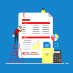 A person on a ladder holds a magnifying glass up to an oversized report with a paper clip attached. (Copyright: Olonezec © 123RF.com)