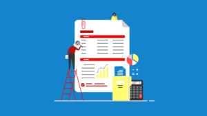 A person on a ladder holds a magnifying glass up to an oversized report with a paper clip attached. (Copyright: Olonezec © 123RF.com)