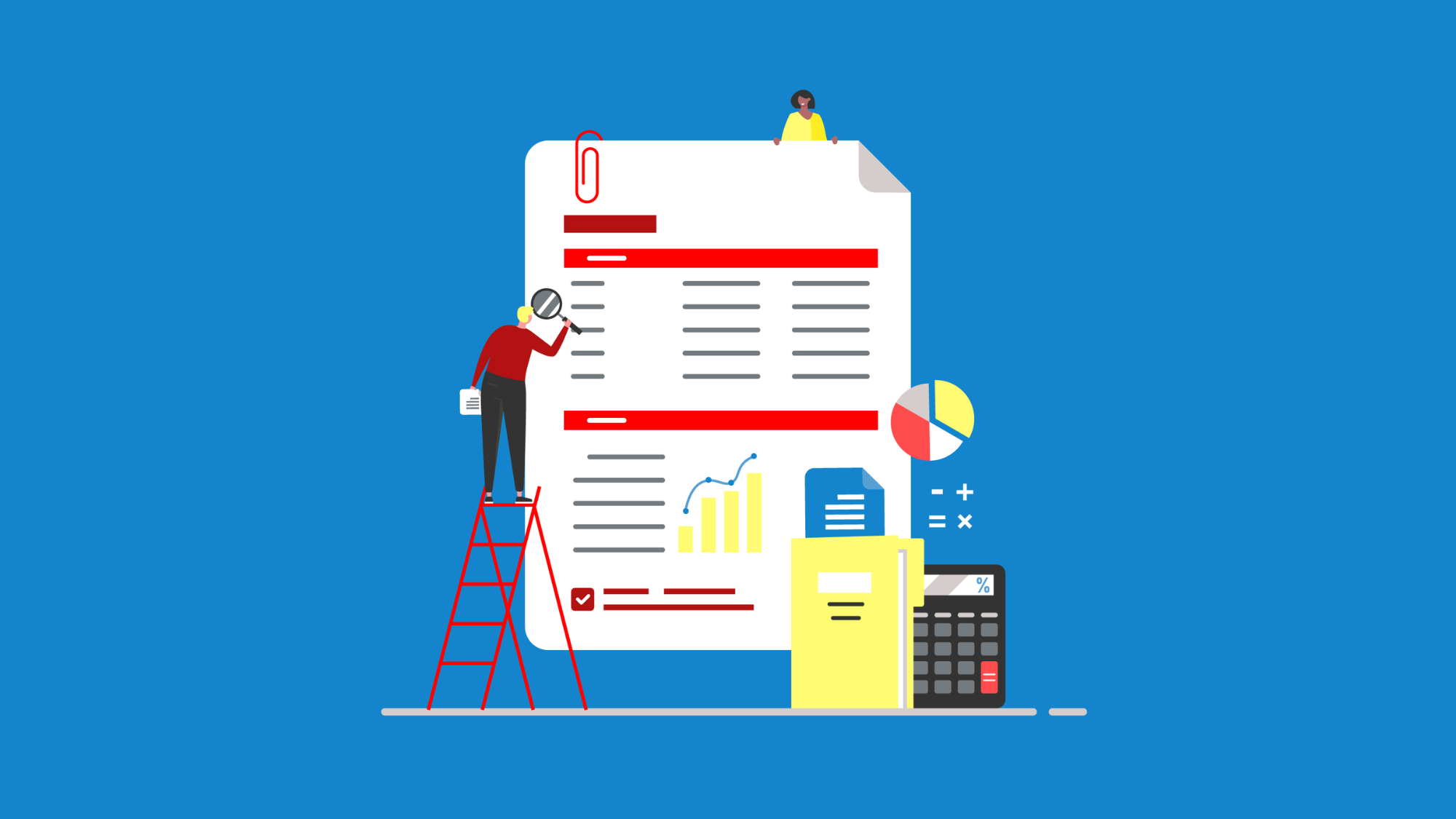 A person on a ladder holds a magnifying glass up to an oversized report with a paper clip attached. (Copyright: Olonezec © 123RF.com)