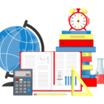 Academic items including globe, calculator, chemistry beakers, pile of books, set square, pencil and clock. (Copyright: irinamedvedeva © 123RF.com)