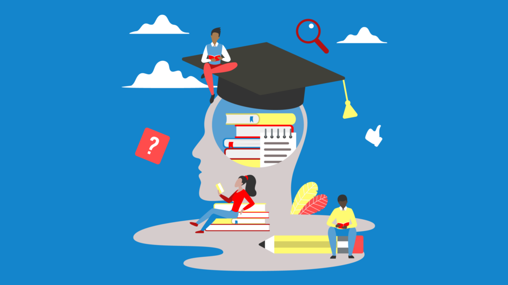 Outline of a head wearing a graduation cap, a person sits on the cap, another sits on a book pile and another sits on an oversized pencil. (Copyright: lembergvector © 123RF.com)