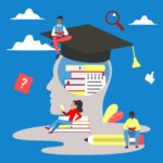 Outline of a head wearing a graduation cap, a person sits on the cap, another sits on a book pile and another sits on an oversized pencil. (Copyright: lembergvector © 123RF.com)
