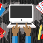 Open laptop with person’s hands on keyboard, passport, wallet, pencils, and travel tickets, with a world map in the background. (Copyright: redlinevector © 123RF.com)