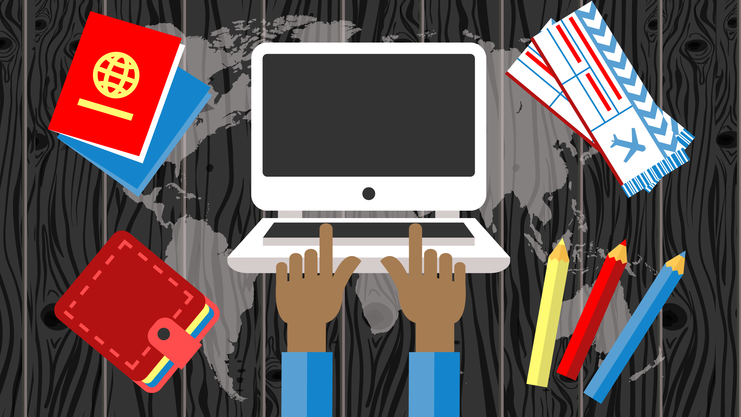 Open laptop with person’s hands on keyboard, passport, wallet, pencils, and travel tickets, with a world map in the background. (Copyright: redlinevector © 123RF.com)