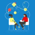 Two people sitting in chairs and smiling at each other as one types on a laptop. A swirl of abstract shapes flows like thoughts between the people. (Copyright: venimo © 123RF.com)