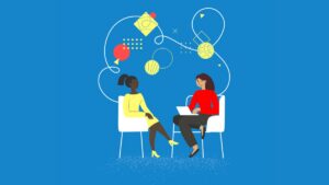 Two people sitting in chairs and smiling at each other as one types on a laptop. A swirl of abstract shapes flows like thoughts between the people. (Copyright: venimo © 123RF.com)