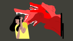 A person covers their head in terror as monsters flow toward them from a computer screen. (Copyright: goodstudio © 123RF.com)