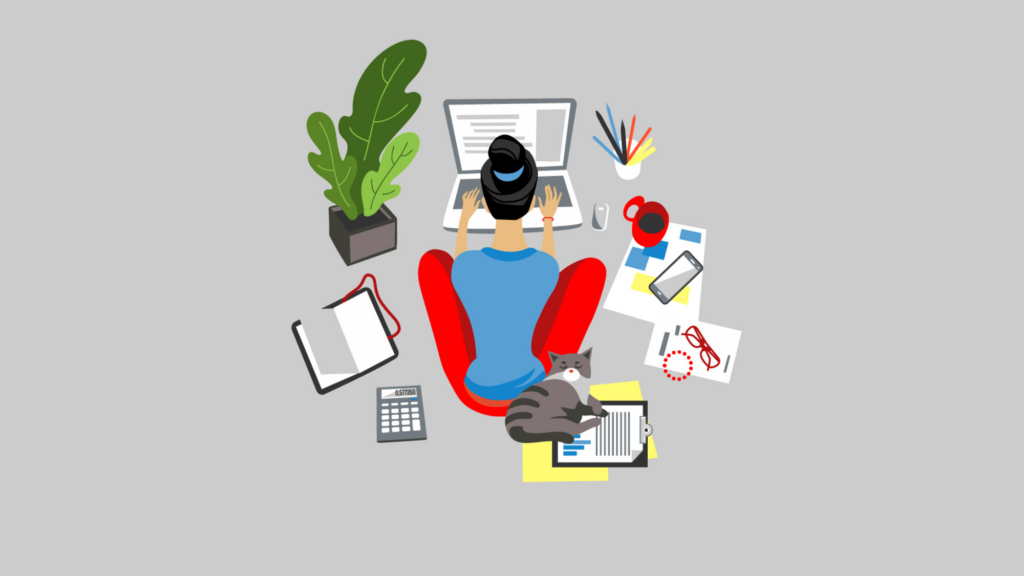 Person sitting on floor with a laptop, surrounded by notes, calculator, phone, glasses and a cat. (Copyright: samui88 © 123RF.com)
