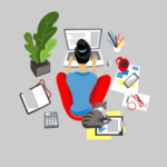 Person sitting on floor with a laptop, surrounded by notes, calculator, phone, glasses and a cat. (Copyright: samui88 © 123RF.com)