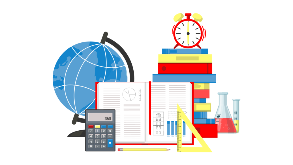 Academic items including globe, calculator, chemistry beakers, pile of books, set square, pencil and clock. (Copyright: irinamedvedeva © 123RF.com)