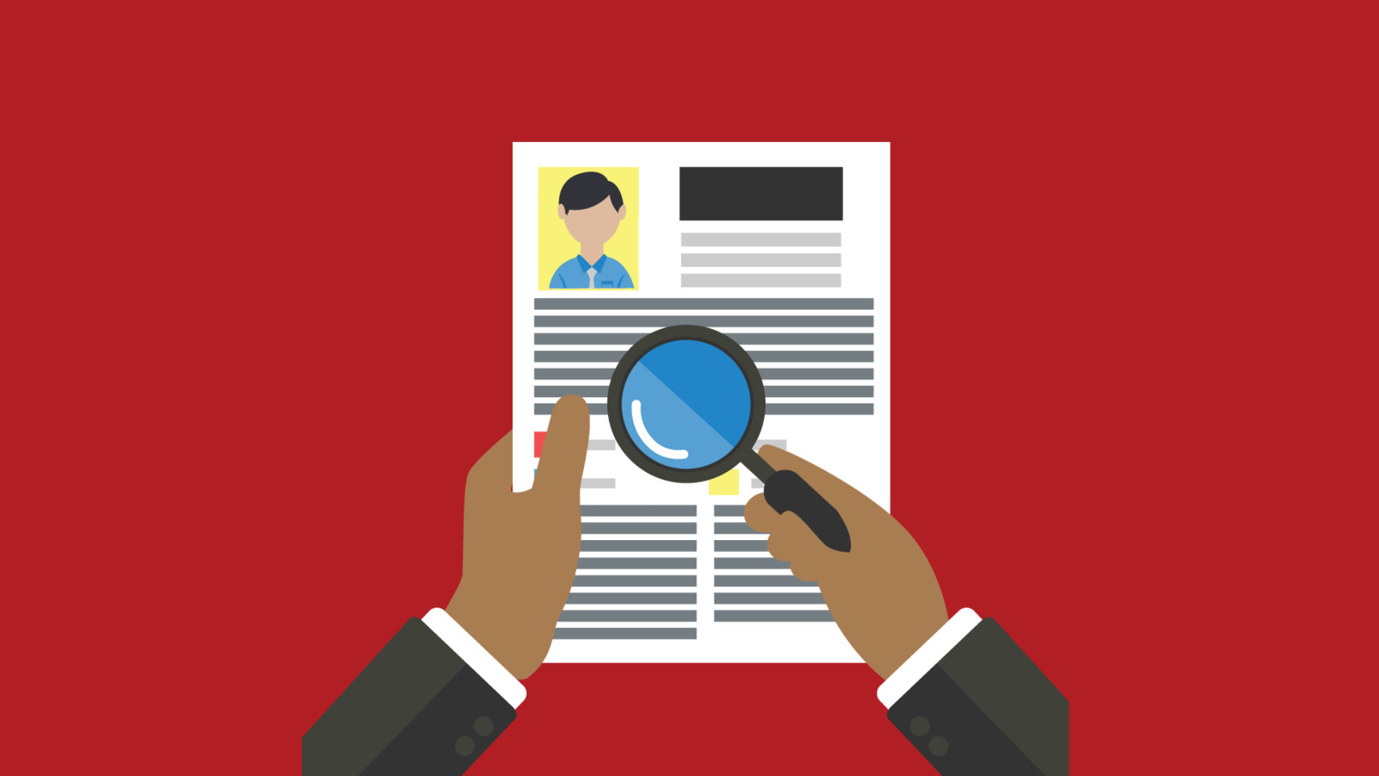 Two hands holding a one-page document One hand holds a magnifying glass over the content.