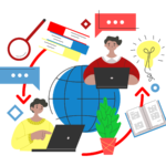 Two people with laptops on either side of a globe with arrows pointing from one to the other. Files, books, a lightbulb and magnifying glass are shown. (Copyright: prettyvectors © 123RF.com)