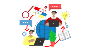 Two people with laptops on either side of a globe with arrows pointing from one to the other. Files, books, a lightbulb and magnifying glass are shown. (Copyright: prettyvectors © 123RF.com)