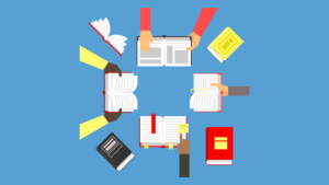 Four open books in a circle, with four people’s hands holding the books and pointing to relevant passages on the pages. (Copyright: onyxprj © 123RF.com)