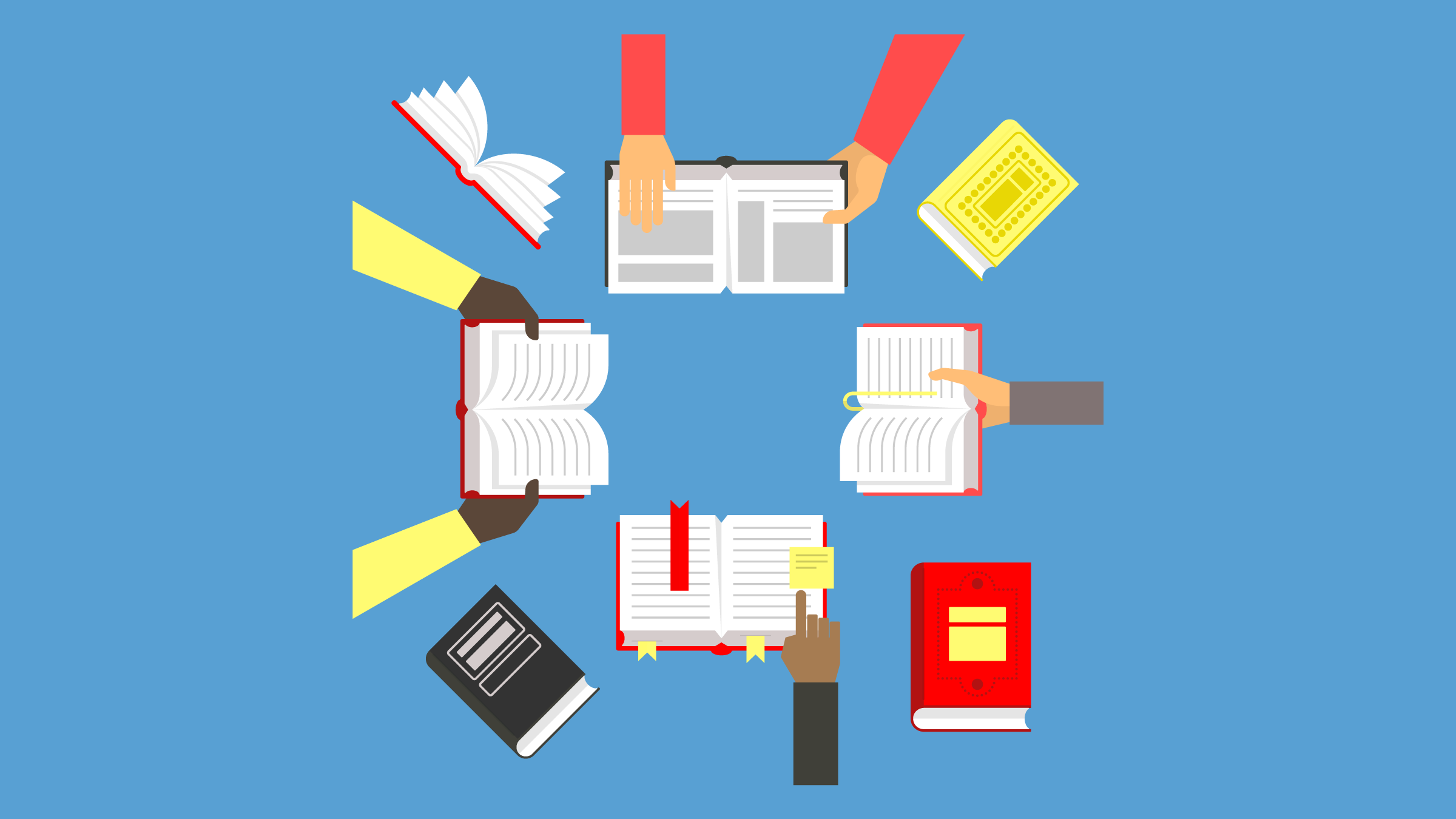 Four open books in a circle, with four people’s hands holding the books and pointing to relevant passages on the pages. (Copyright: onyxprj © 123RF.com)