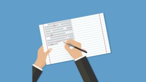Hands over an open lined notebook, correcting text errors with a red pen. (Copyright: dvolkovkir1980 © 123RF.com)