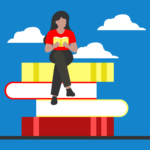 A person with long hair reading a small book while sitting on a stack of four giant books. (Copyright: skullsvector © 123RF.com)