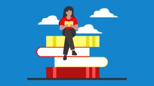 A person with long hair reading a small book while sitting on a stack of four giant books. (Copyright: skullsvector © 123RF.com)