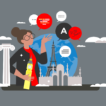 A person with glasses standing next to a globe and buildings from all over the world, with speech bubbles in the air. (Copyright: normaals © 123RF.com)