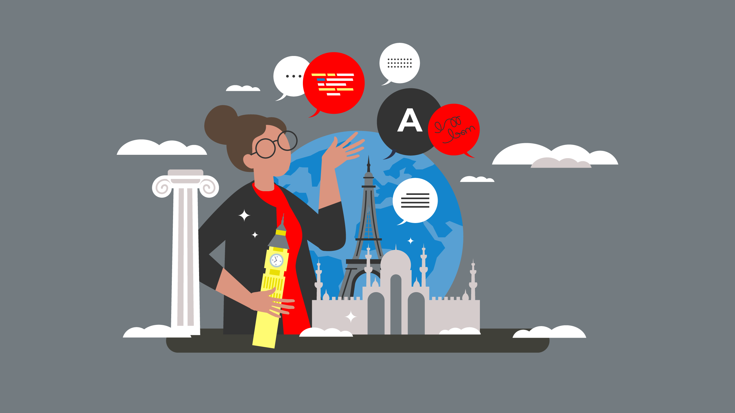 A person with glasses standing next to a globe and buildings from all over the world, with speech bubbles in the air. (Copyright: normaals © 123RF.com)
