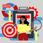 A smiling person standing in front of a clipboard, archery target, magnifying glass, pencil and gears. (Copyright: liravega258 © 123RF.com)