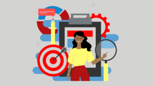 A smiling person standing in front of a clipboard, archery target, magnifying glass, pencil and gears. (Copyright: liravega258 © 123RF.com)