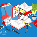 A person holds a giant pencil over a giant notebook, with a second person reading in a chair nearby. (Copyright: tarikvision © 123RF.com)