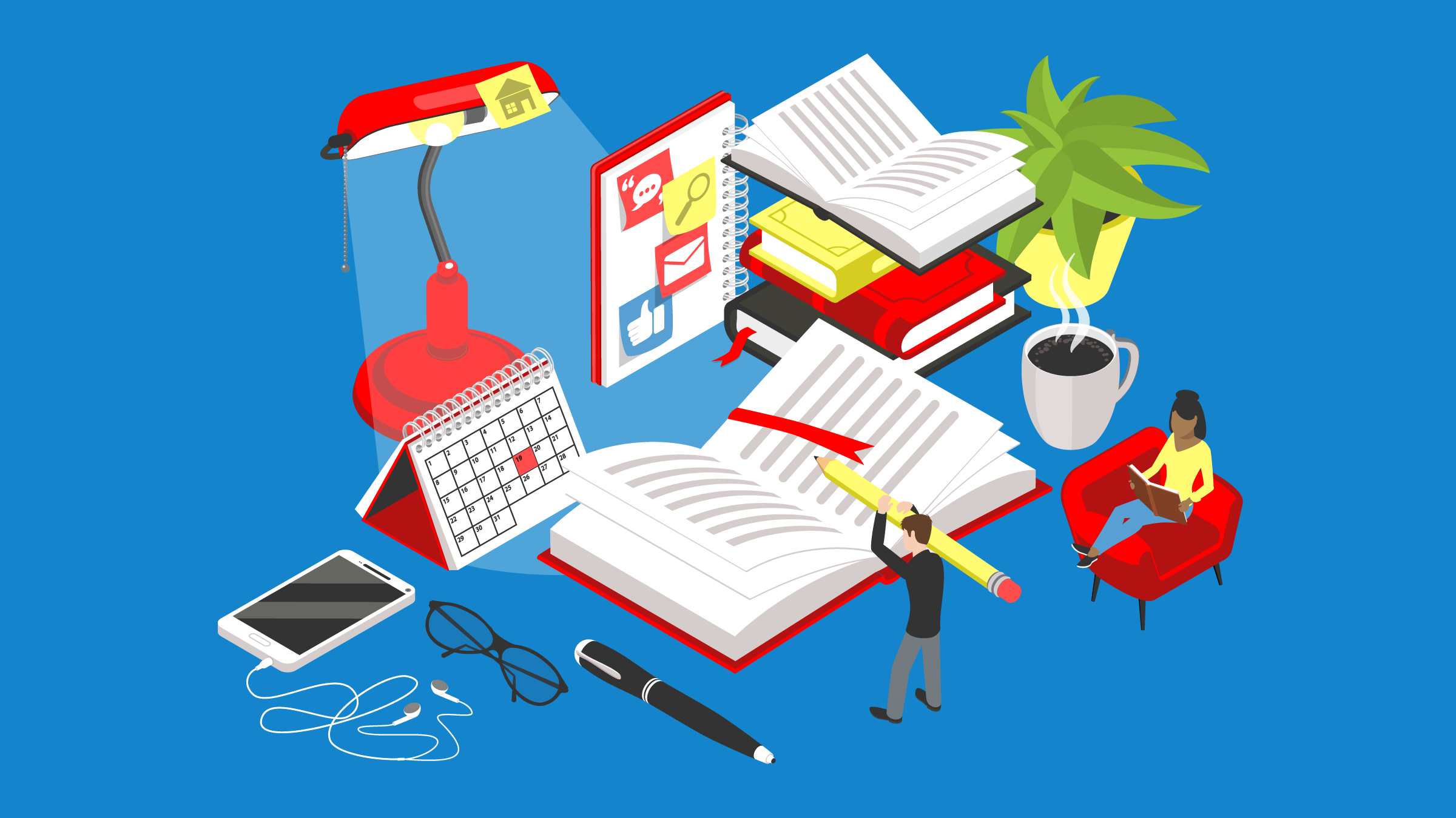 A person holds a giant pencil over a giant notebook, with a second person reading in a chair nearby. (Copyright: tarikvision © 123RF.com)