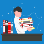 A person stands behind a desk holding a large stack of books, with more books on one side of the desk. (Copyright: nevesgraphic © 123RF.com)